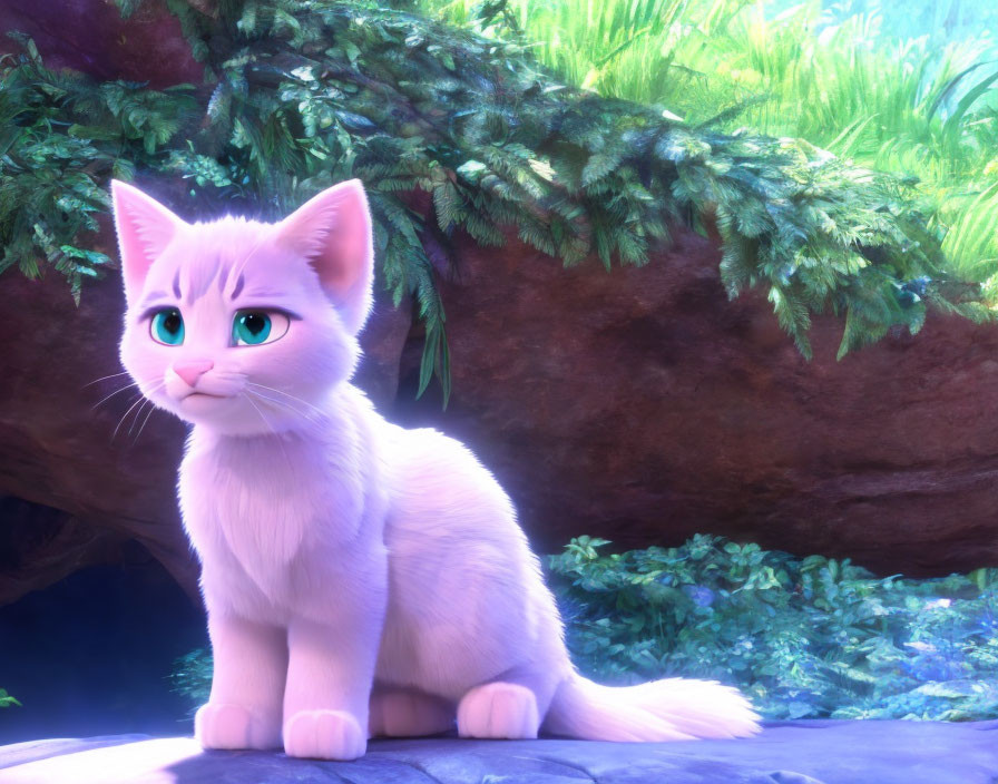 3D animated white kitten with turquoise eyes in lush greenery