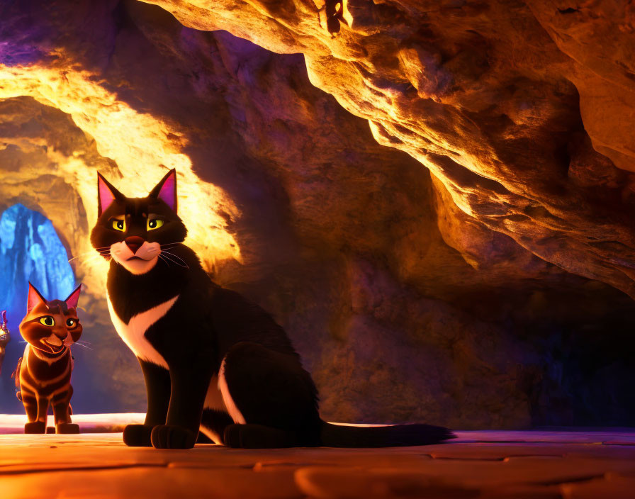 Two animated cats in glowing cave: black with white muzzle & smaller striped one.