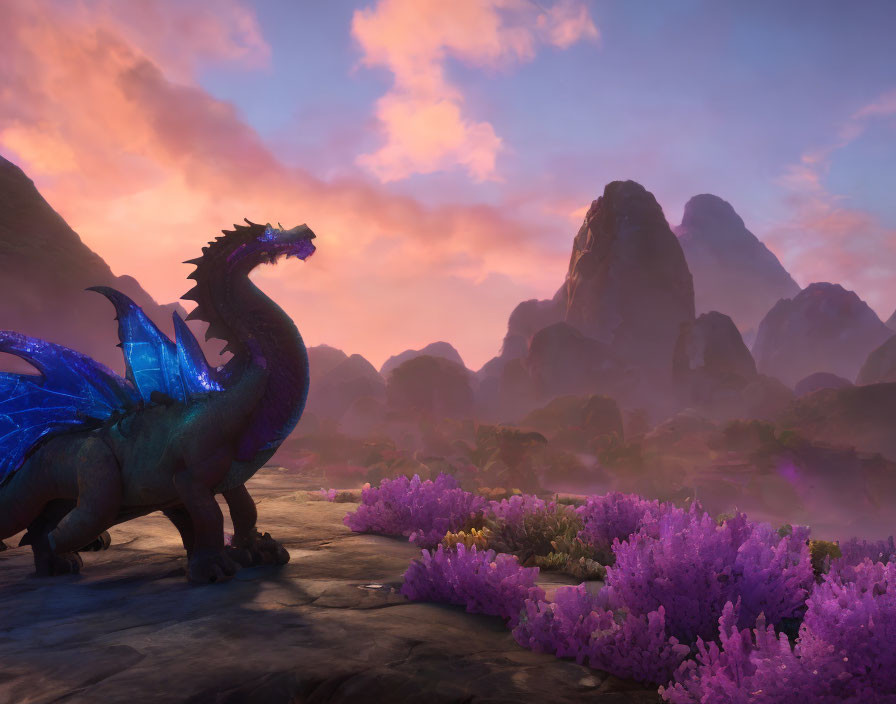 Blue dragon in mystical landscape with purple flora and mountains under pink sky