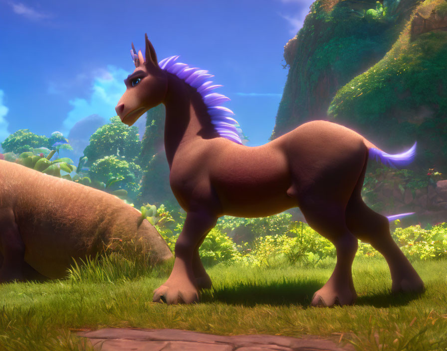 Purple-Maned Animated Horse in Sunny Meadow with Rocks & Hills