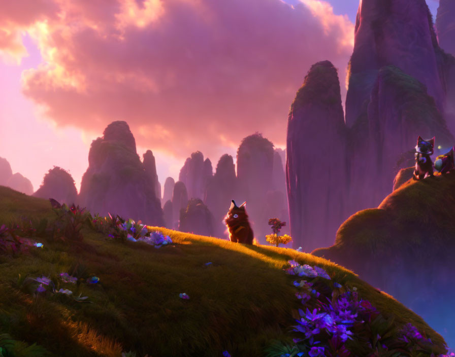 Vibrant Sunset Landscape with Rock Formations and Animated Animals