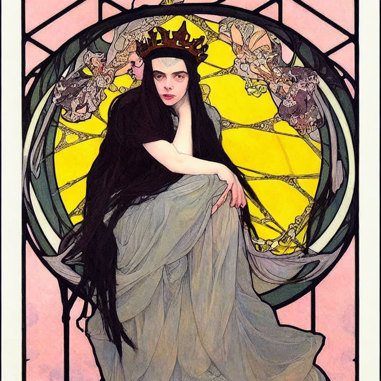 Art Nouveau Woman Illustration with Stained-Glass Motif