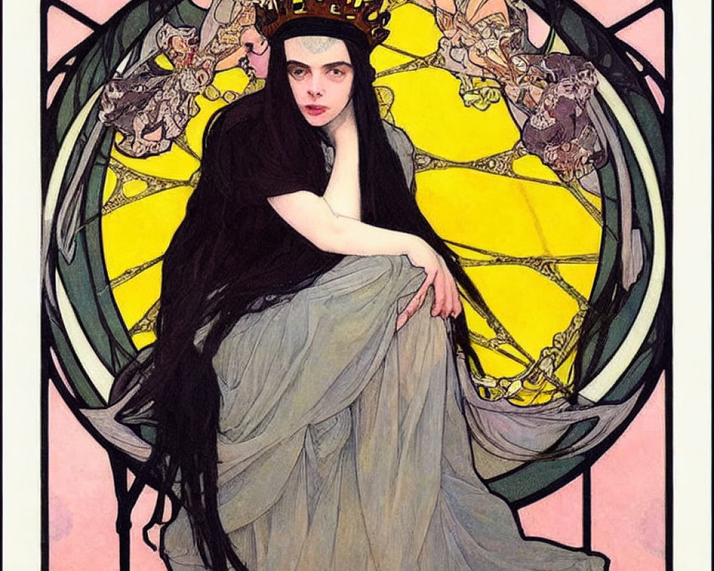 Art Nouveau Woman Illustration with Stained-Glass Motif