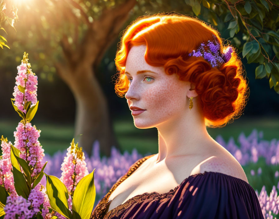 Red-haired woman with flowers in a field of purple blooms and sunlight.