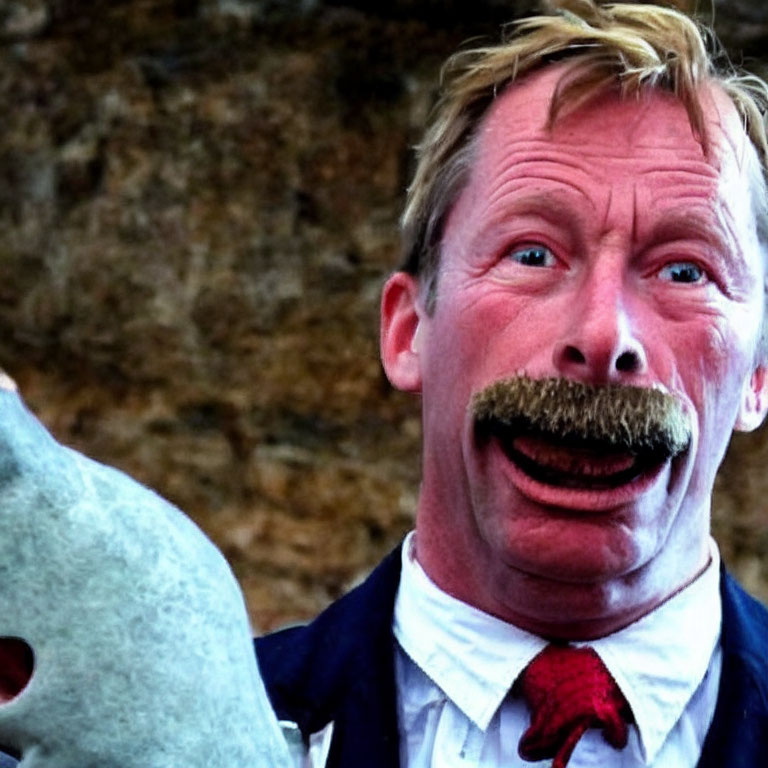 Blond man with surprised expression, mustache, vest, and red tie
