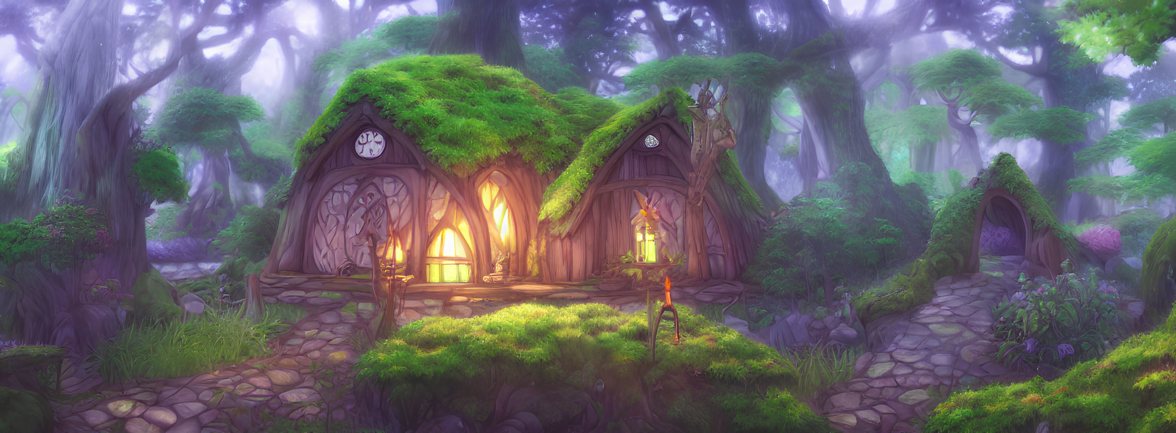 Whimsical forest scene with glowing houses and misty trees