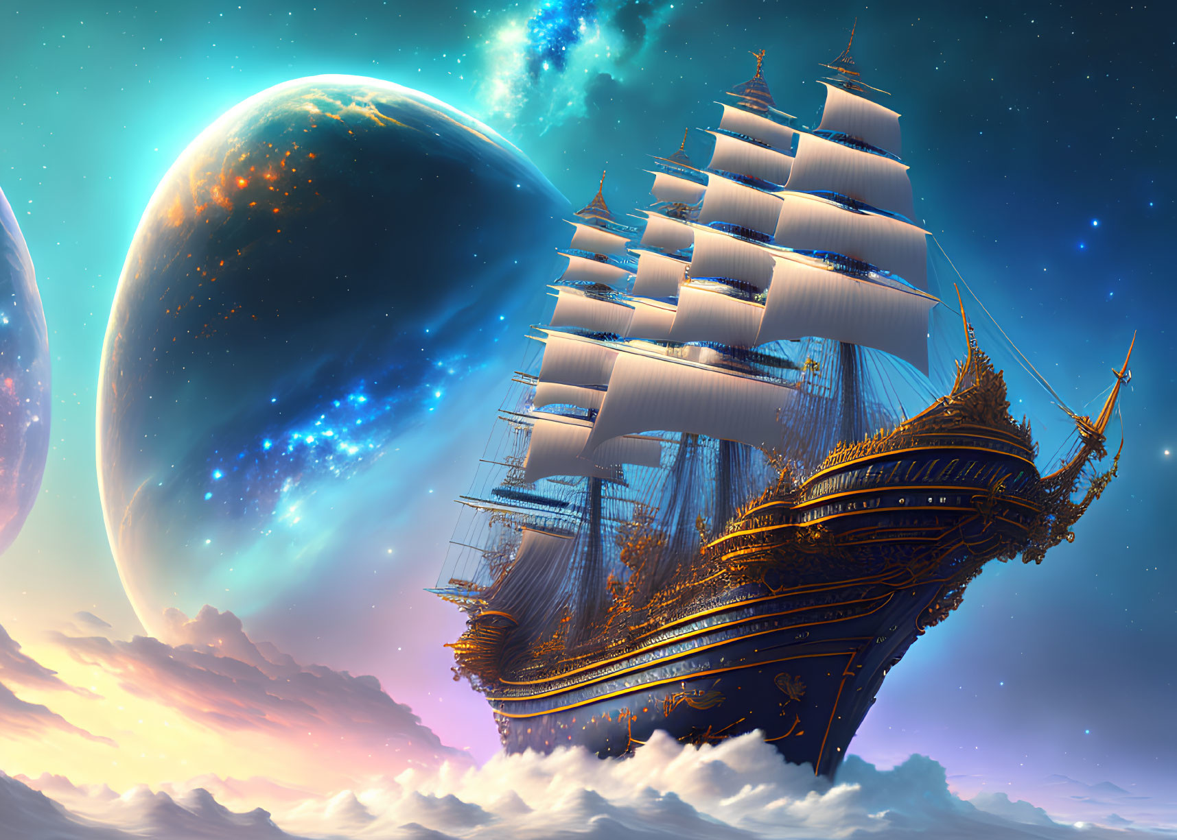 Sailing ship in fantasy sky with vibrant clouds, planet, and galaxy