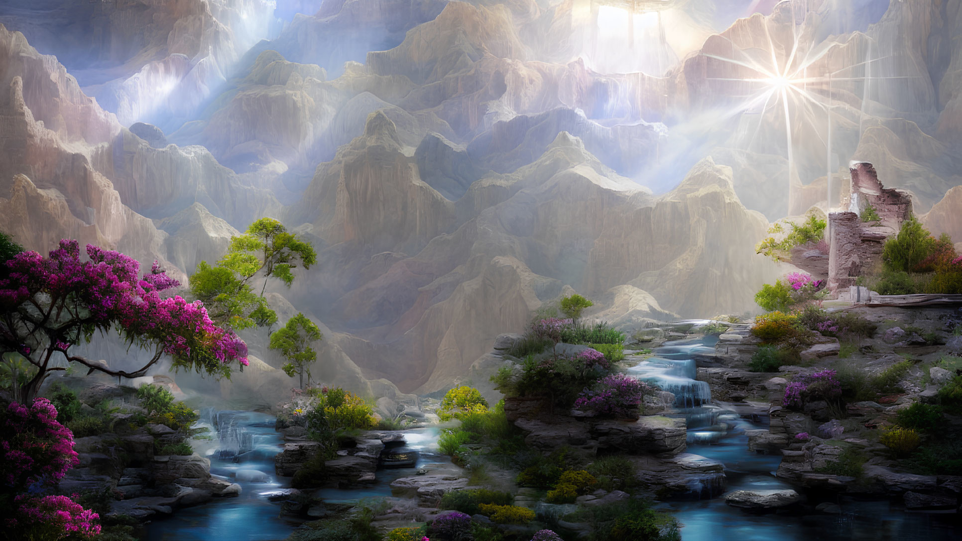 Fantasy landscape with sunlit waterfalls, rivers, lush foliage, and ancient ruins