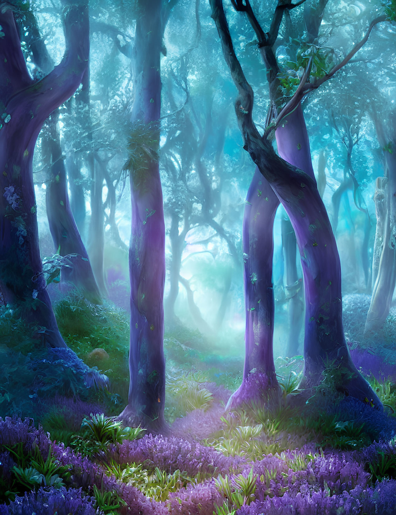 Mystical Forest with Purple Trees, Blue Fog, and Violet Flowers