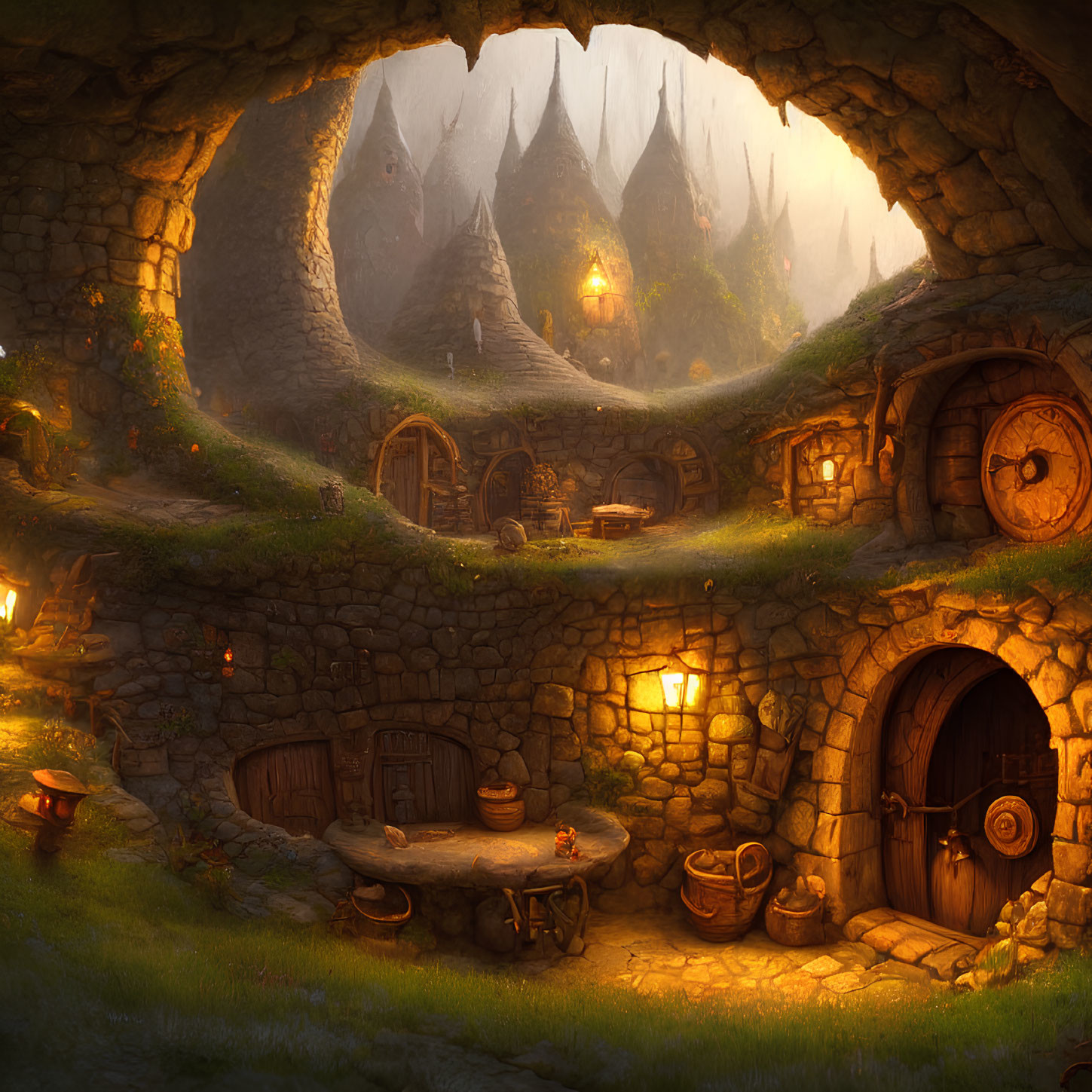 Fantasy hillside with round-door hobbit homes and mountain backdrop