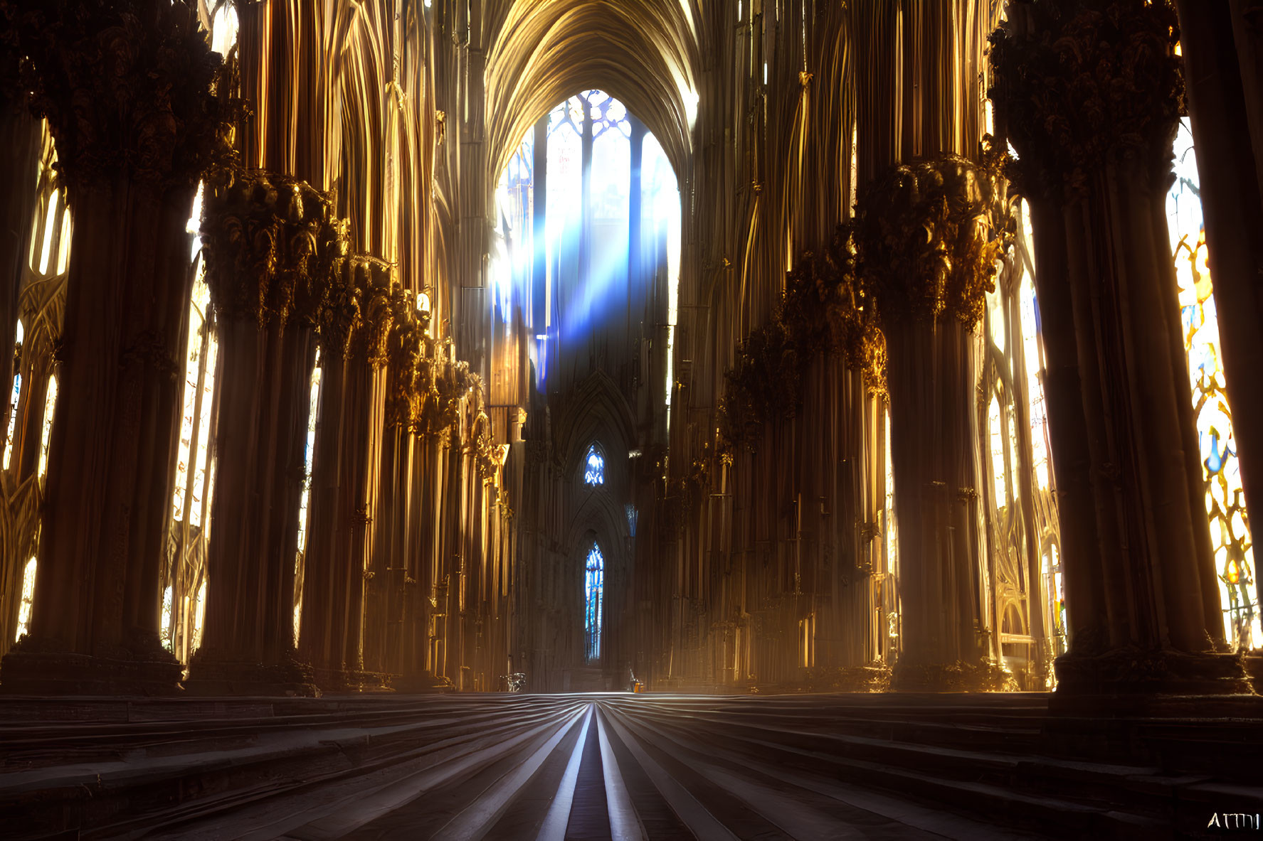 Gothic Cathedral Interior with Stained Glass Windows