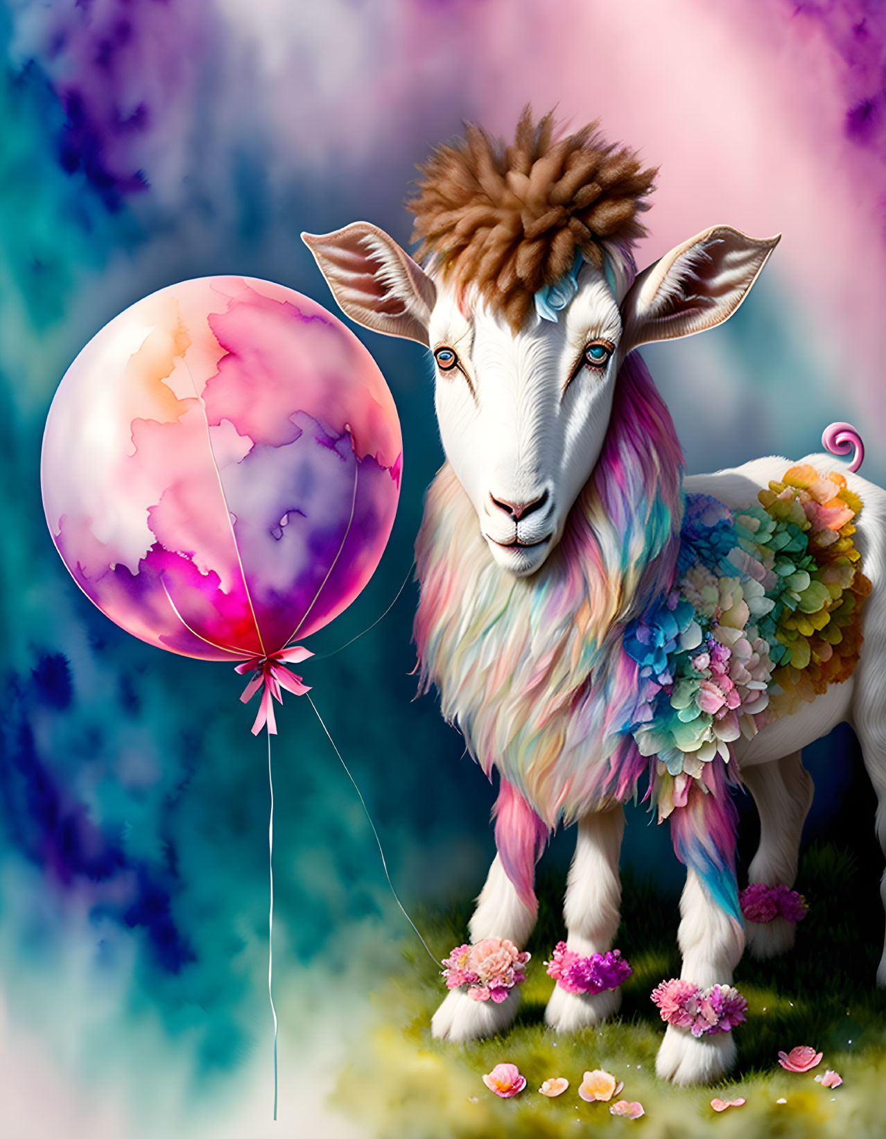 Colorful Fluffy Goat Holding Rainbow Balloon in Pastel Cloudy Scene