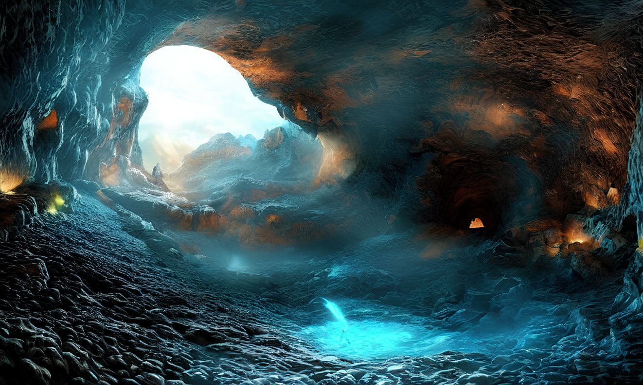 Mystical blue stream in cavern with fiery orange lights