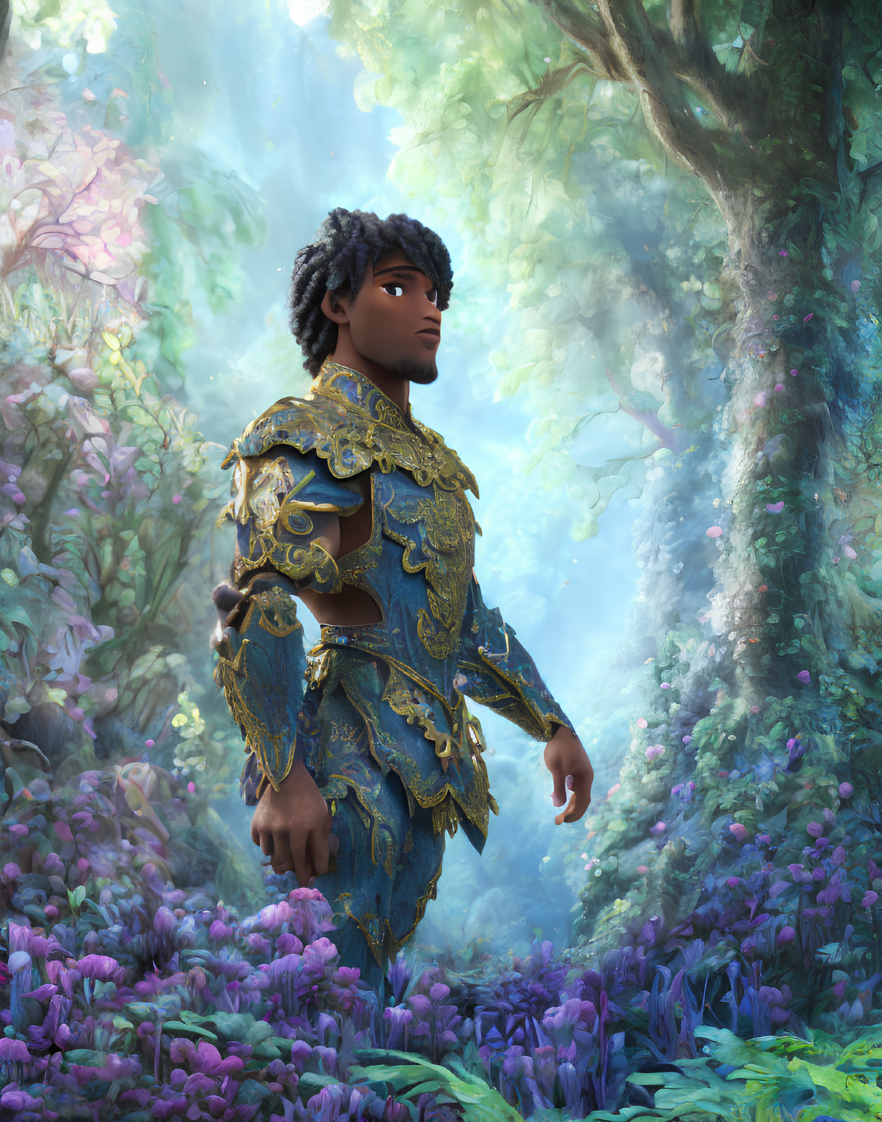 Male character in blue & gold armor in enchanted forest with purple flowers