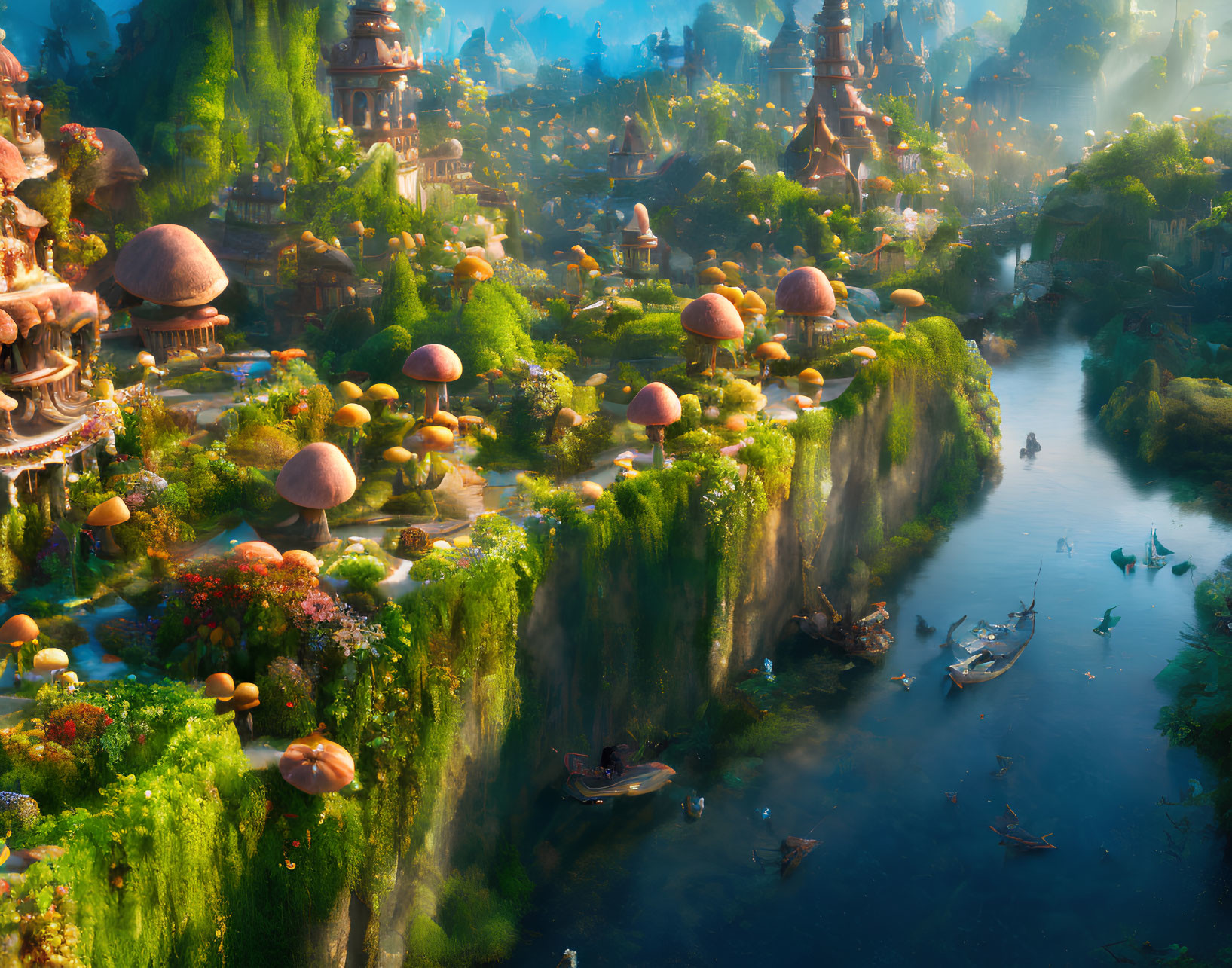 Fantasy landscape with mushroom structures, cliffs, boats, and lush flora