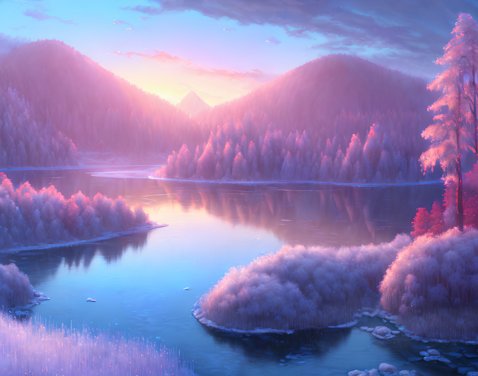 Tranquil sunrise landscape with pink trees, reflective lake, and distant mountains