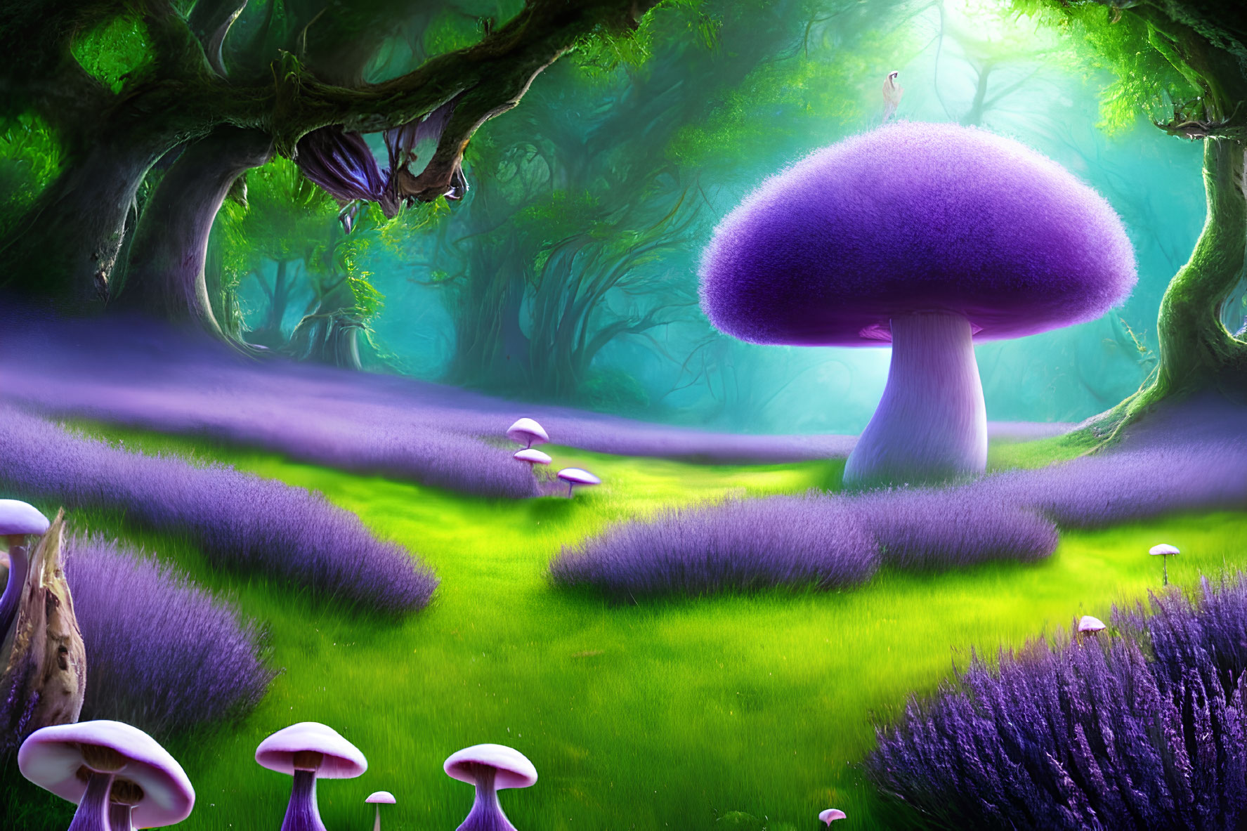 Mystical forest glade with giant purple mushrooms and vibrant greenery