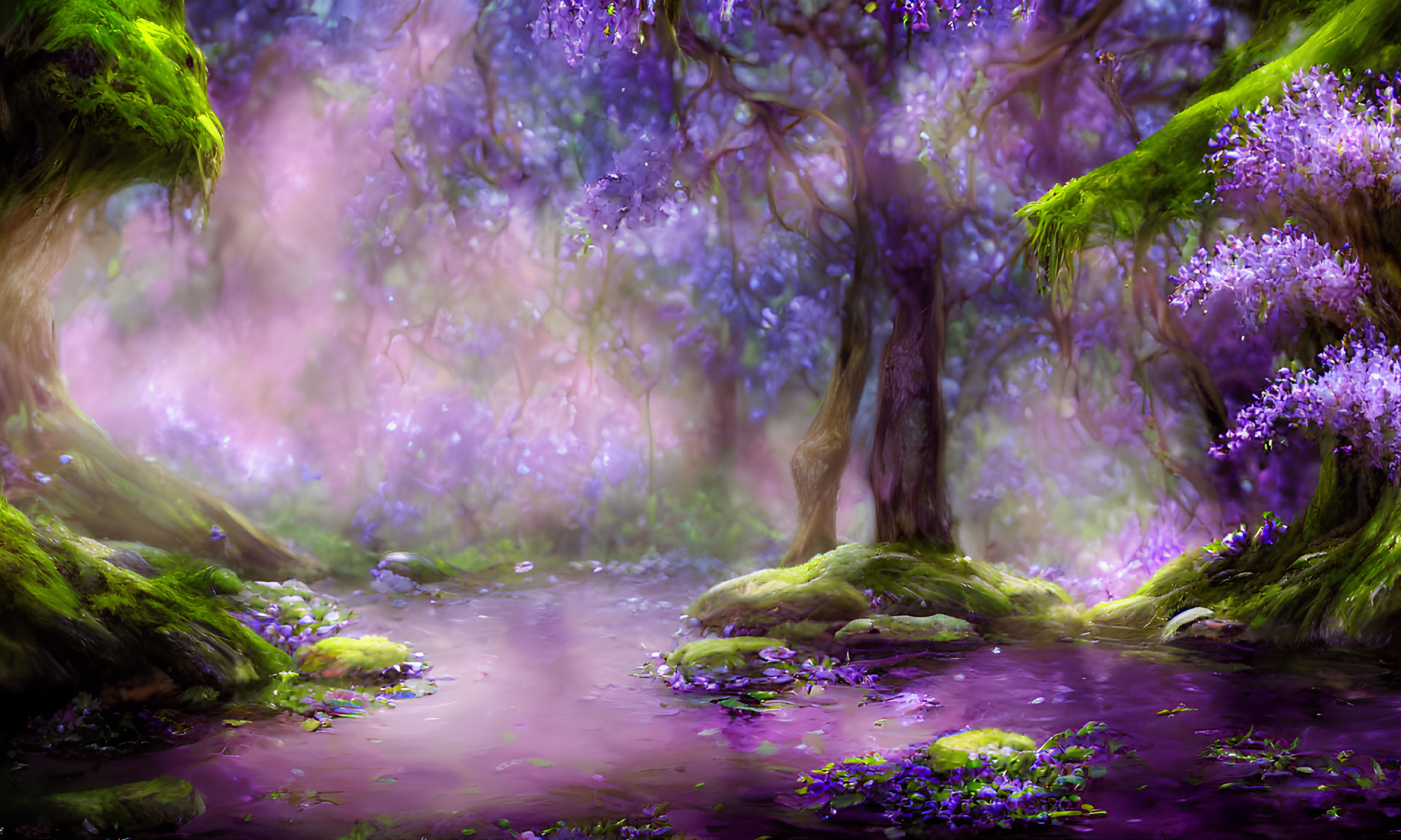 Mystical forest with purple foliage, mist, sunlight, and serene water pathway