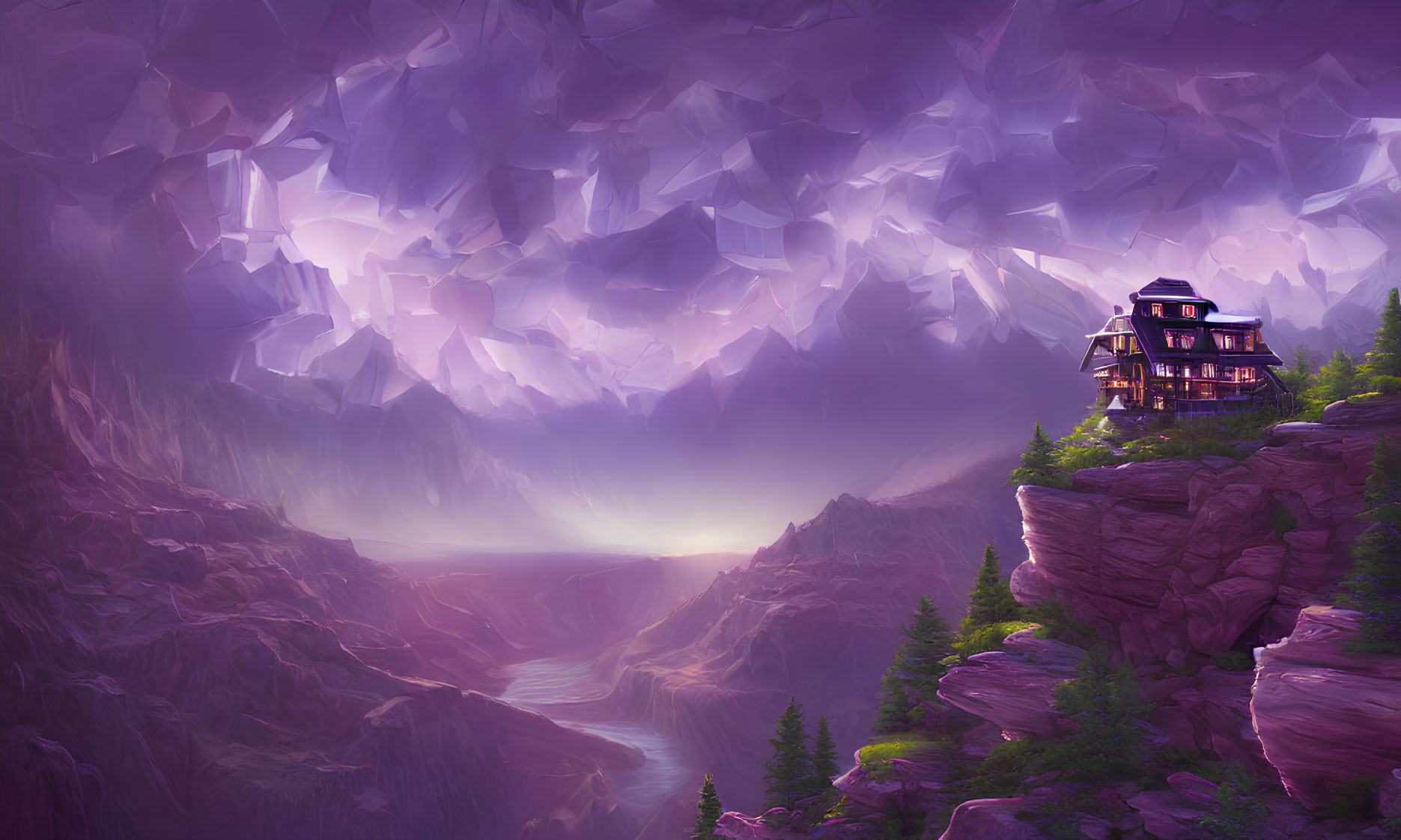 Fantastical landscape with house on cliff above purple crystal cavern