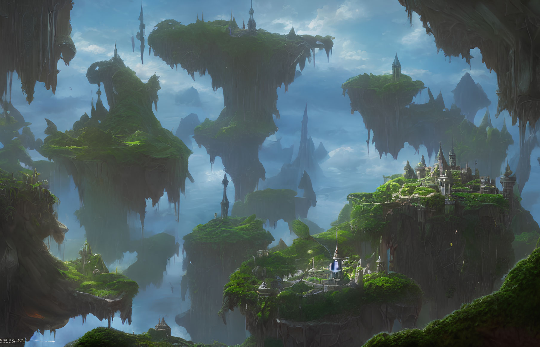 Mystical landscape with floating islands, ancient castles, towering rocks, greenery, and mist