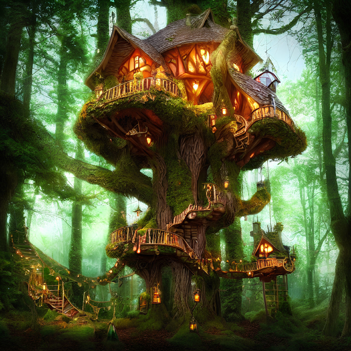 Enchanting forest treehouse with multiple levels and glowing lanterns