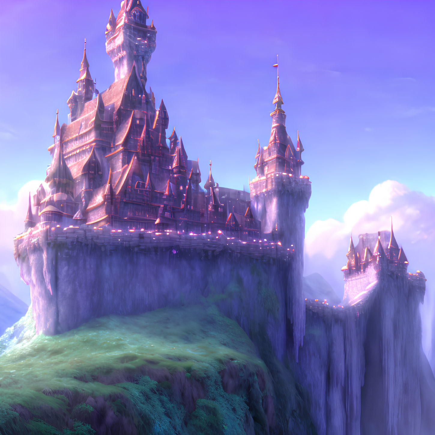 Majestic fantasy castle on cliff at purple sunset