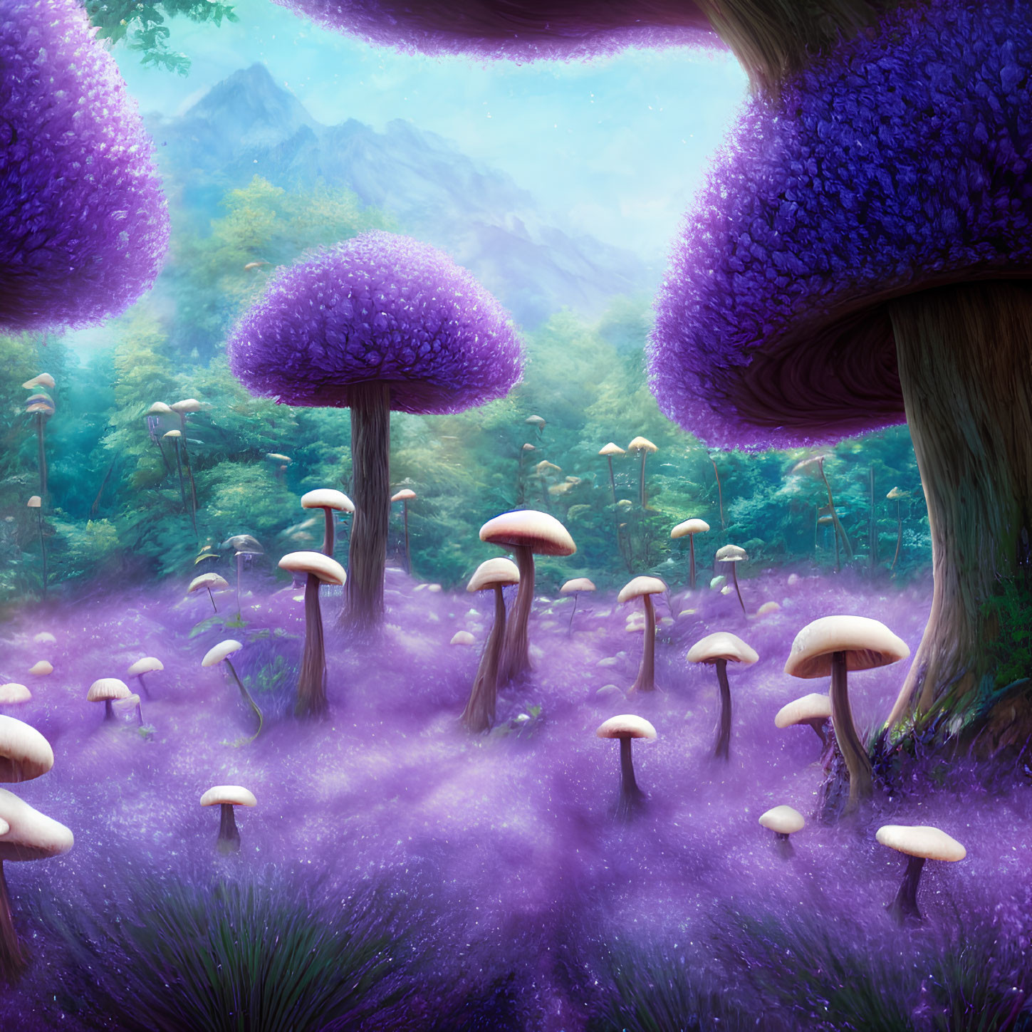 Enchanting forest scene with purple and white mushrooms, mist, greenery, and mountains