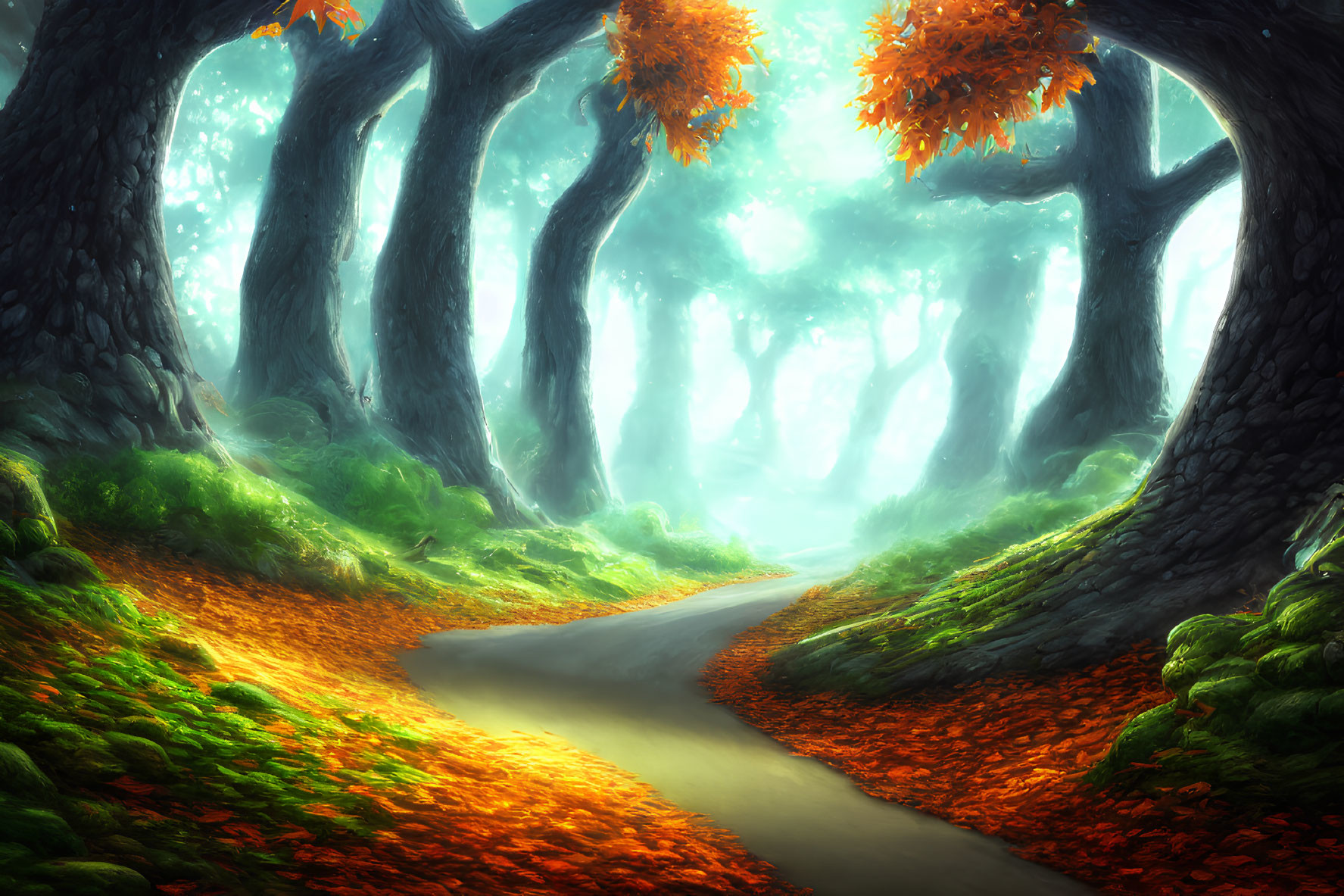 Scenic forest path with large trees and orange leaves