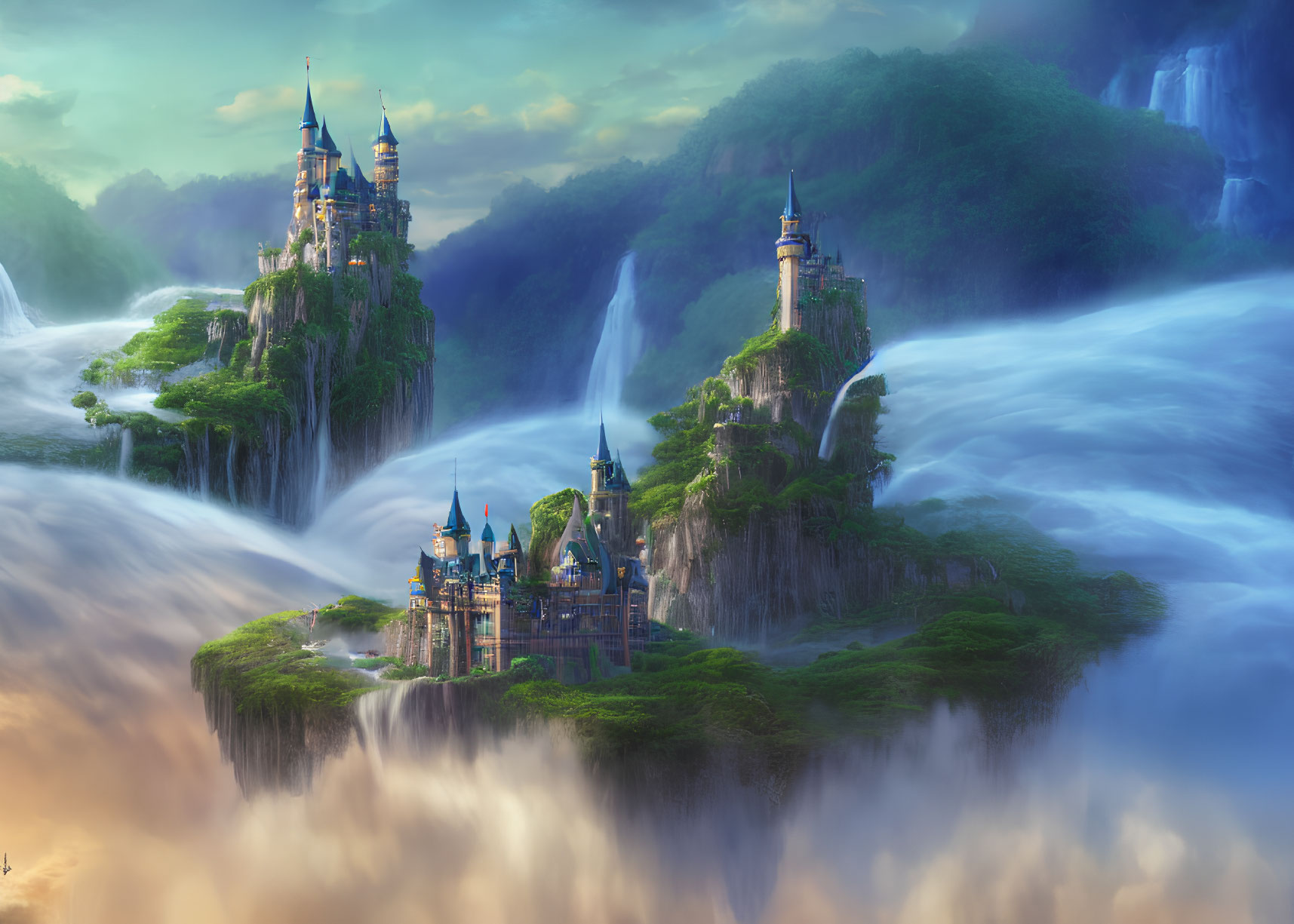 Majestic castles on lush cliffs with waterfalls in fantasy landscape