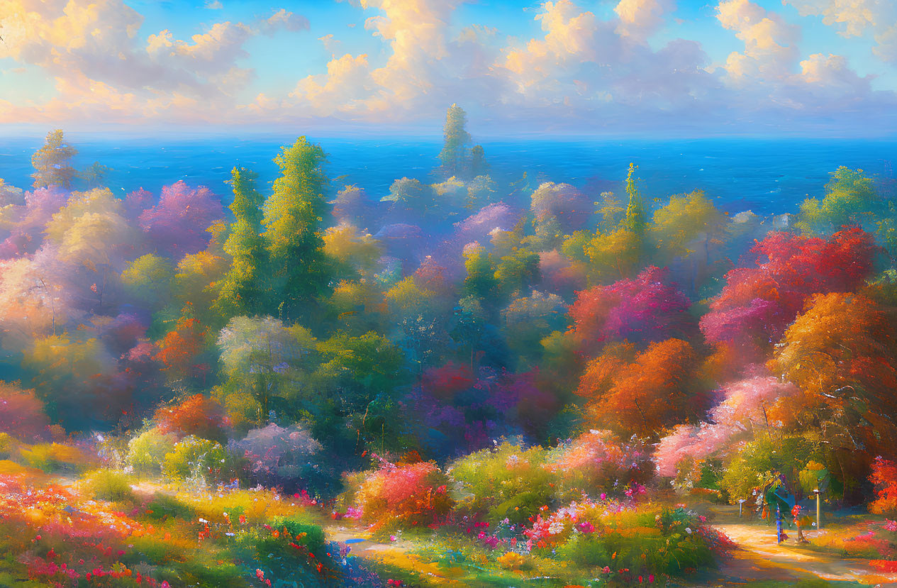 Colorful Autumn Forest Painting Near Tranquil Sea