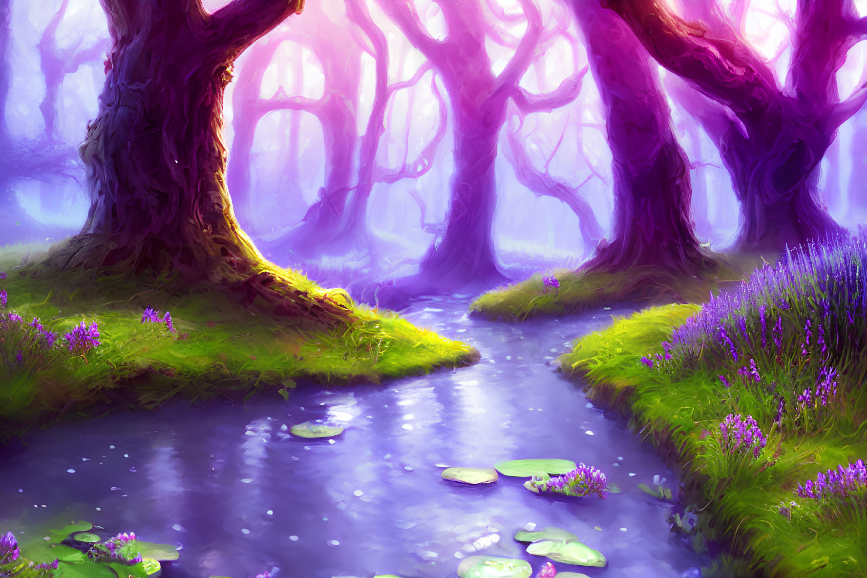 Serene purple forest with twisted trees, gentle stream, green grass, and vibrant lilac flowers