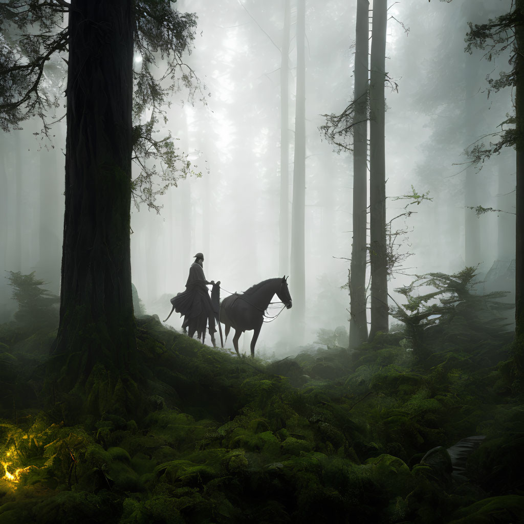 Person riding horse in misty green forest with sunlight filtering through trees.