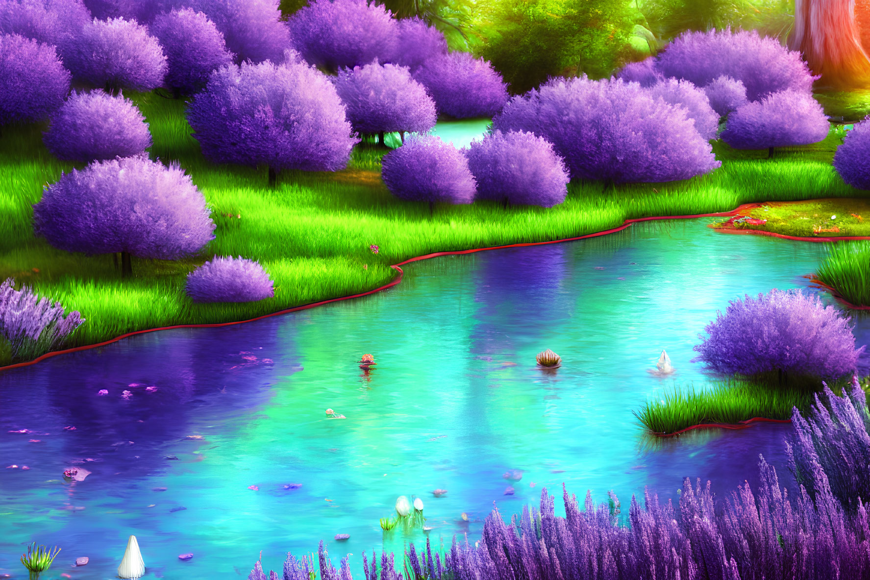 Tranquil fantasy landscape with purple foliage, green meadow, and serene pond