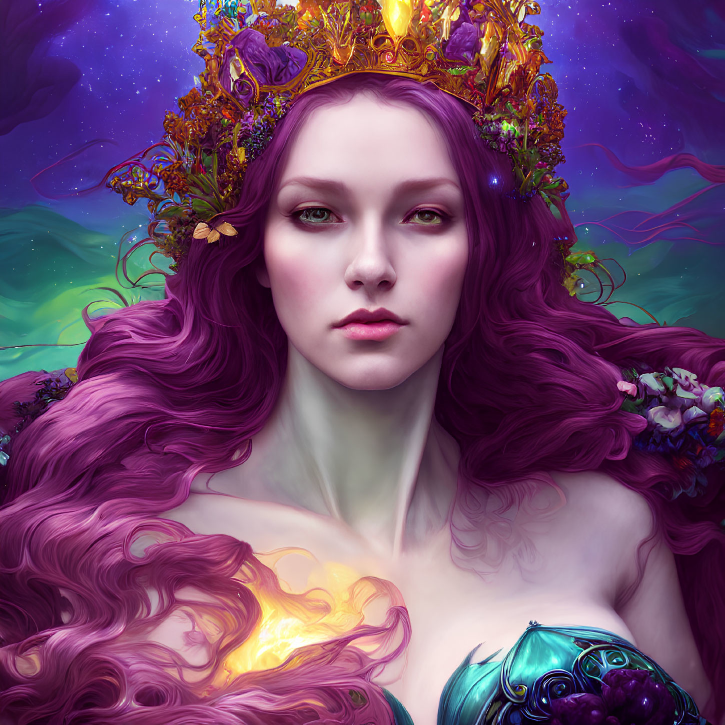 Fantasy portrait of woman with purple hair and floral crown in cosmic setting