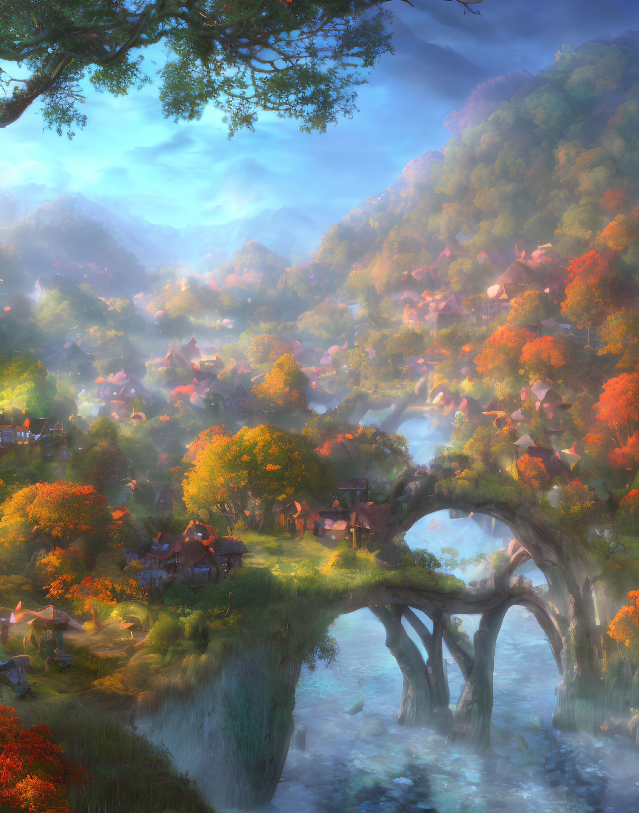 Autumn Village with Quaint Houses and Misty Mountains