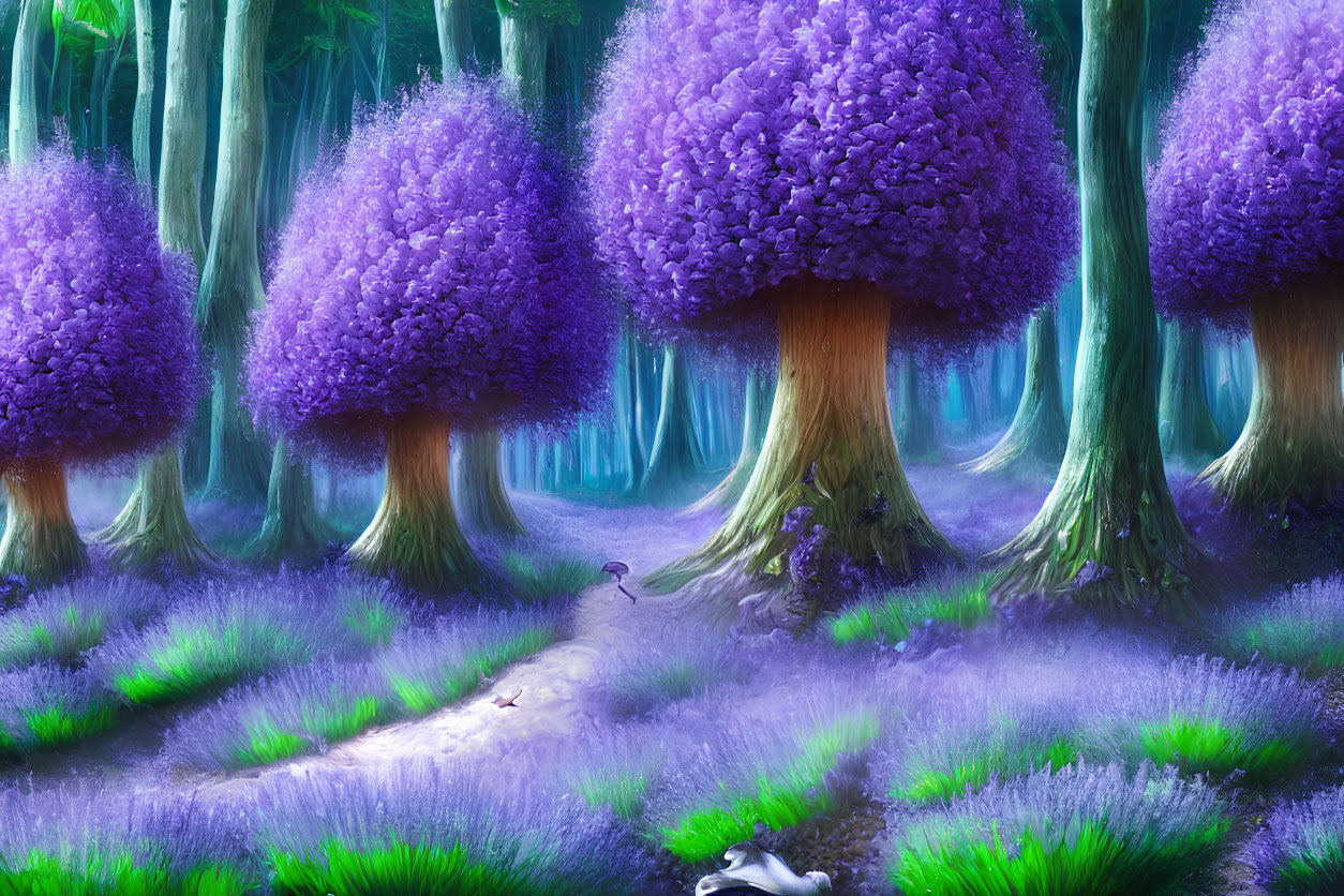 Colorful digital art: Mystic forest with purple foliage, winding path, and small figure in lush scenery