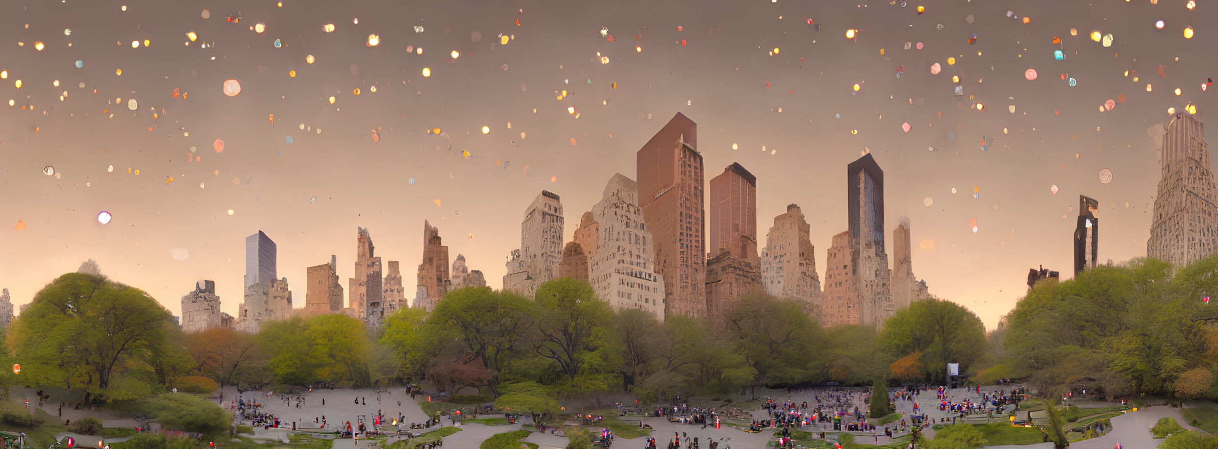 City park at dusk: skyscrapers, people, floating lanterns