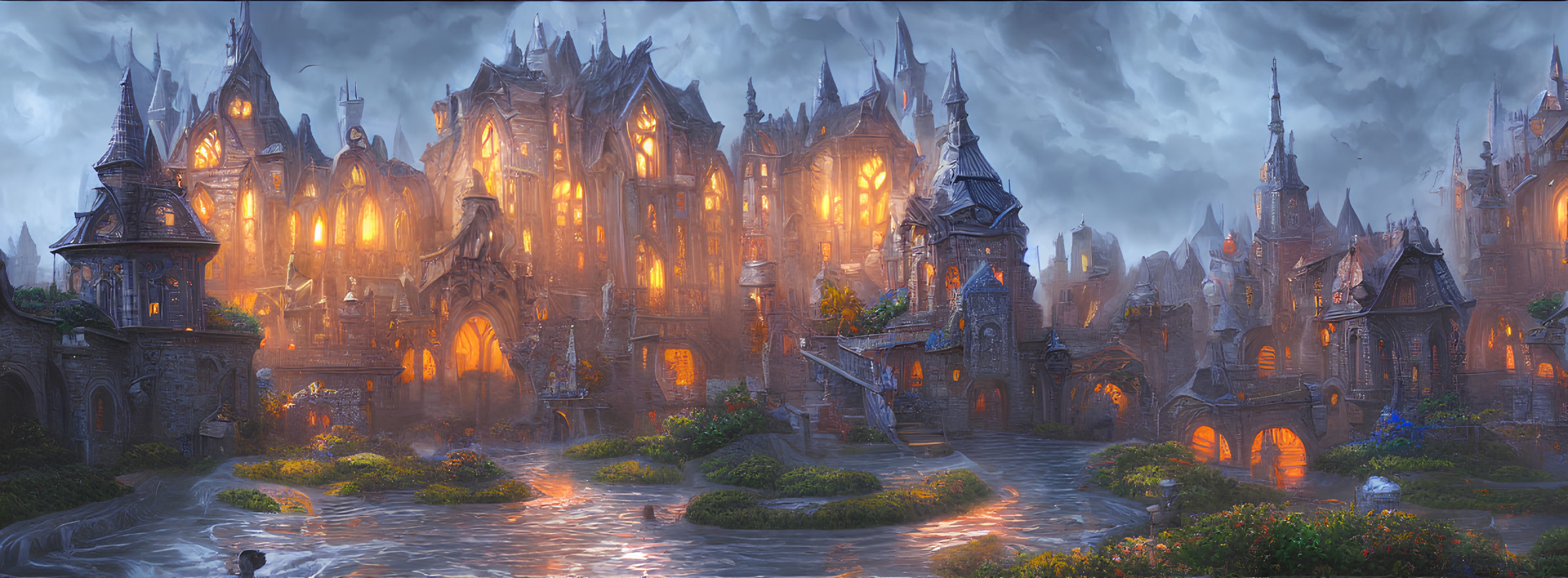 Medieval fantasy city at twilight with Gothic architecture and mist-covered waterway