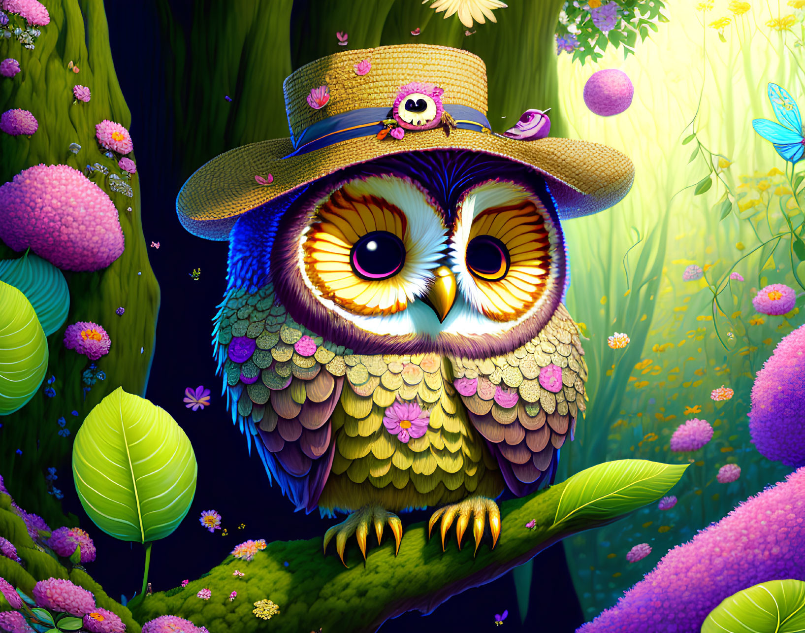 Colorful Stylized Owl in Straw Hat on Branch