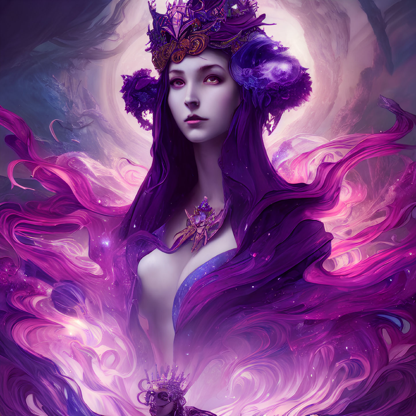 Purple-haired female figure with ornate headpiece in mystical setting