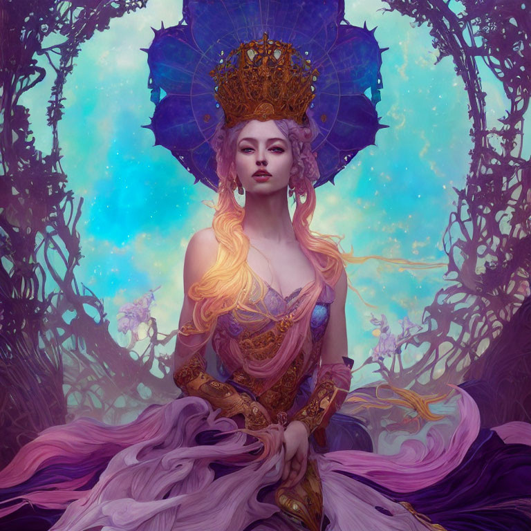 Regal figure in ornate crown and dress against mystical forest.