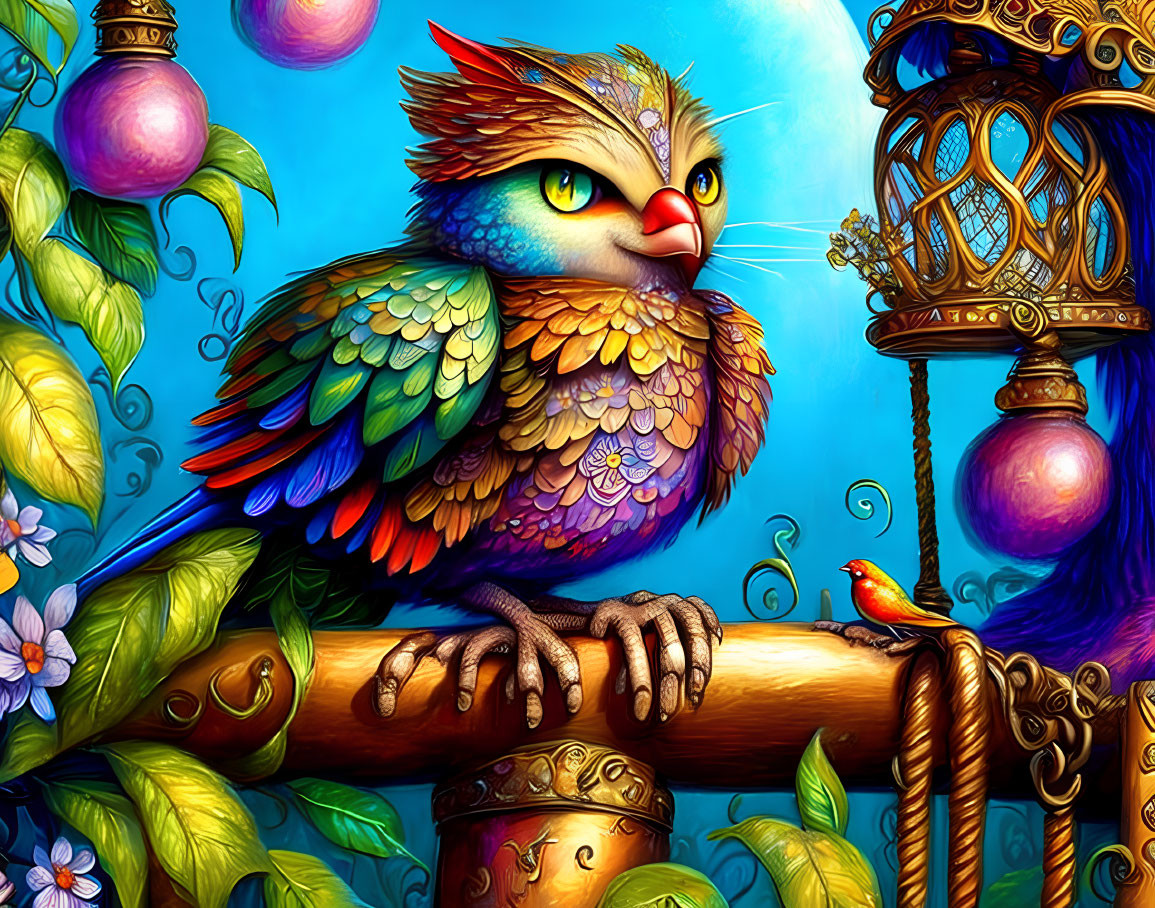 Vibrant illustration of fantastical bird perched near golden cage