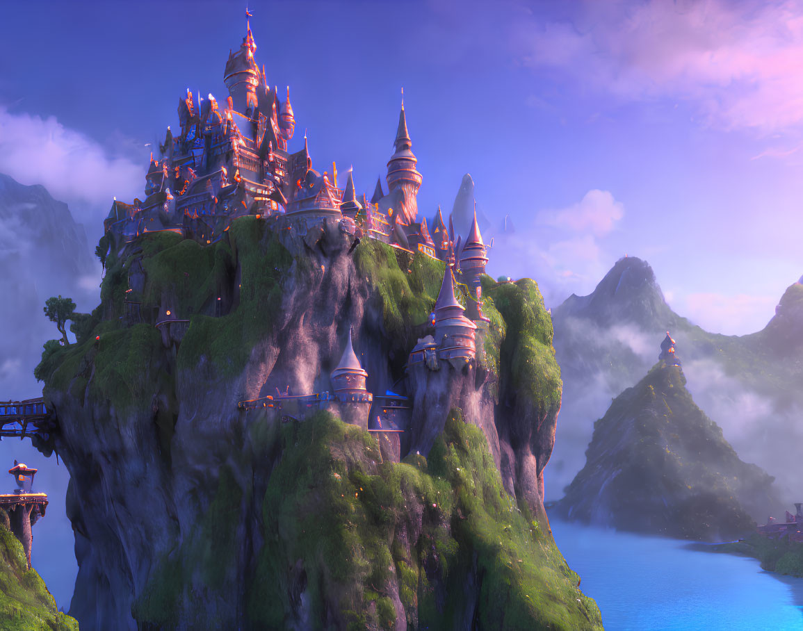 Fantastical castle with multiple spires on rocky cliff by tranquil blue water