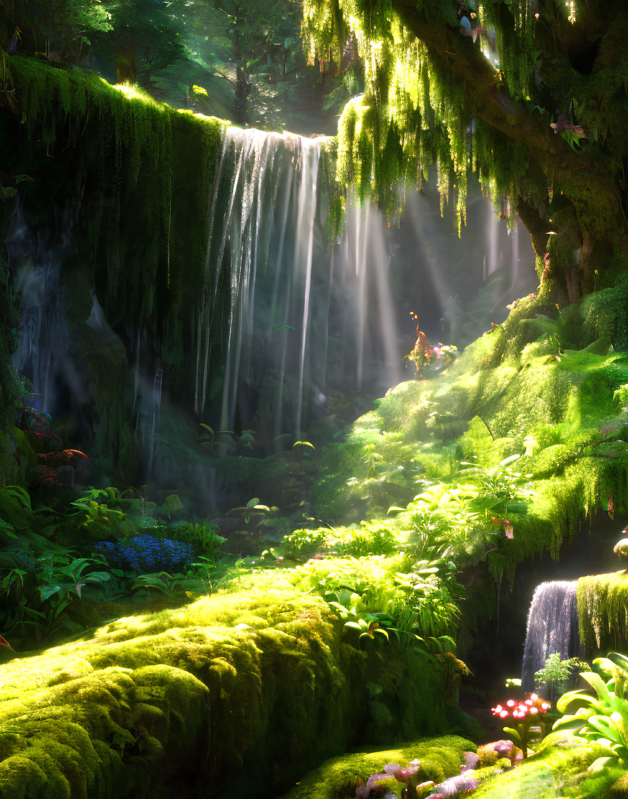 Lush Greenery and Sunbeams in Mystical Forest