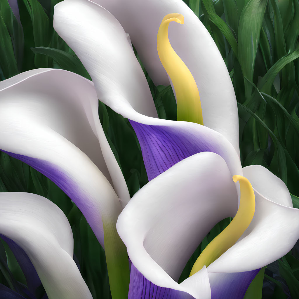 White Calla Lilies with Yellow Spadices on Green and Purple Background