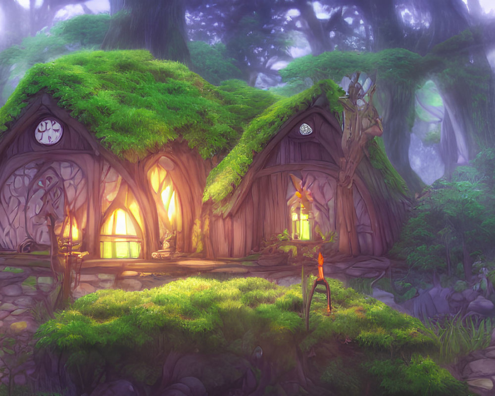 Whimsical forest scene with glowing houses and misty trees