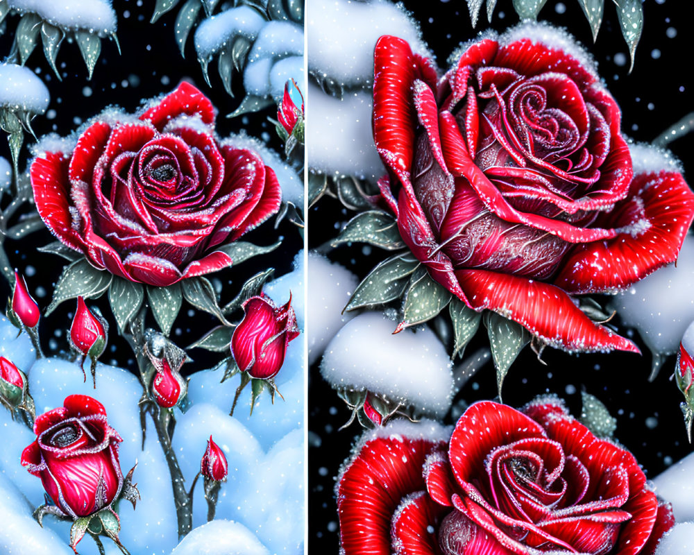 Bright red roses with dew on petals and leaves, against snowy background.