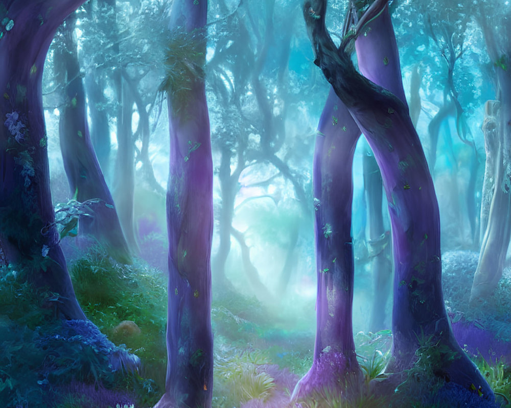 Mystical Forest with Purple Trees, Blue Fog, and Violet Flowers