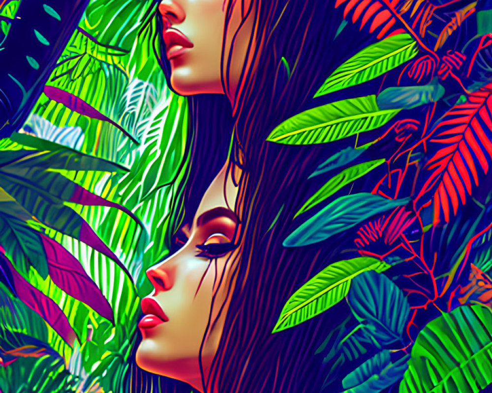 Colorful digital artwork: Two women's profiles blend with lush tropical leaves