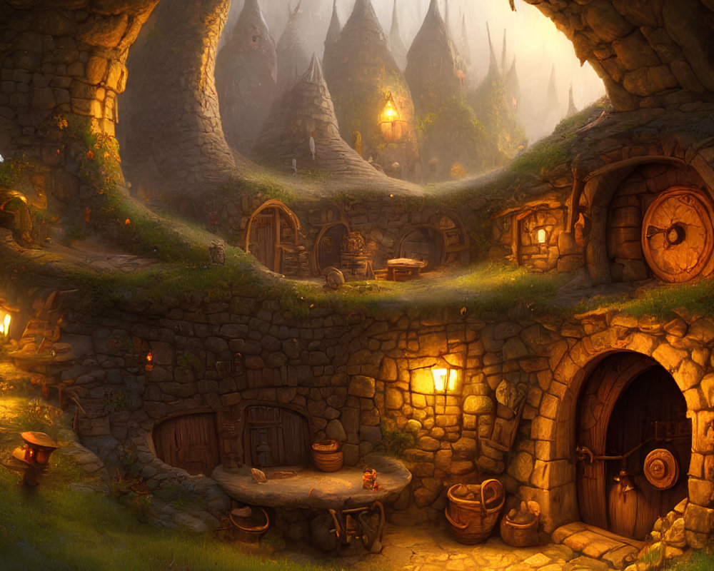 Fantasy hillside with round-door hobbit homes and mountain backdrop